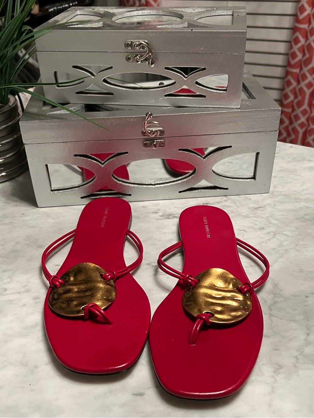 Tory Burch Red Sandal with Gold Medallion